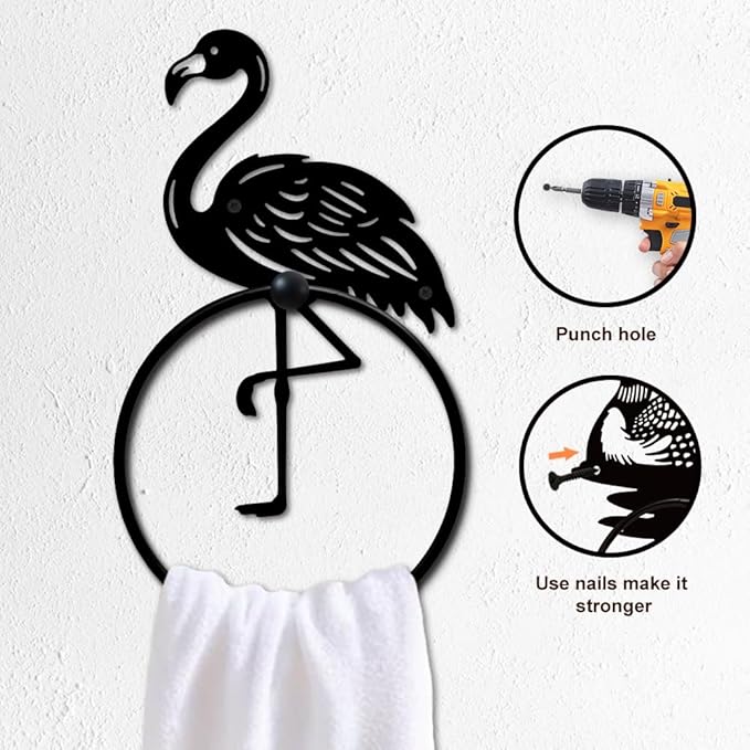 MAYJOYDIY Flamingo Metal Towel Ring Rustic Flamingo Animal Towel Holder for Wall Bath Towel Ring Black Art Towel Rack Wall Mounted for Bathroom Kitchen Towel Hanger Home Decors Gift