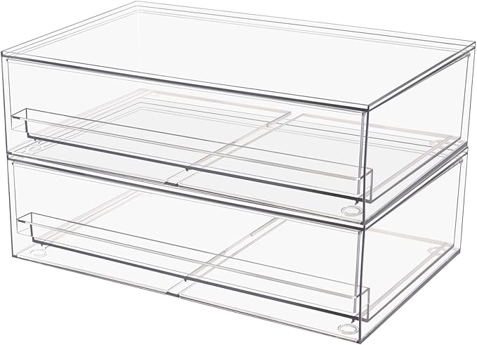 Clear Stackable Storage Drawers,2 Pack Plastic Organizers Bins for Makeup Organizer,Bathroom Makeup Organizer for Palettes,Cosmetic, and Beauty Supplies,Ideal for Vanity, Cabinet,Desk Organization