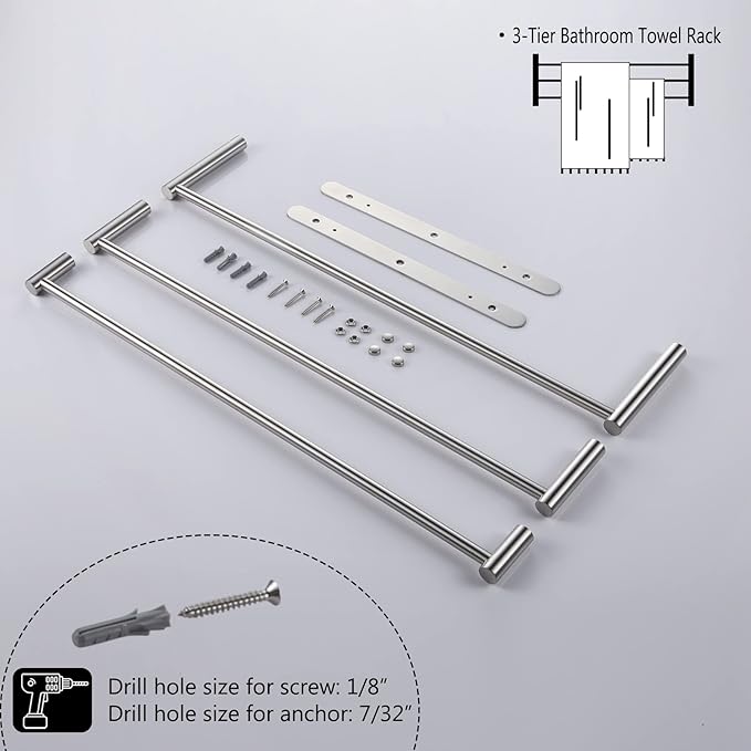 KOKOSIRI Bath Towel Bars Stainless Steel Bathroom 3-Tiers Ladder Towel Rack Wall Mount Towels Shelves, Brushed Nickel, B5002BR-L24