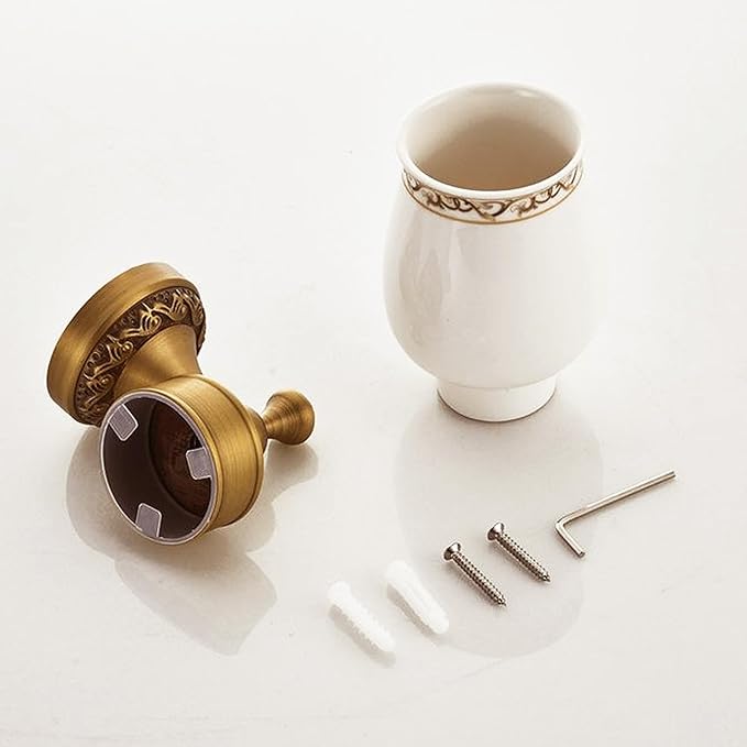 Wall Mounted Bathroom Tooth Brushed Cup Holder, Antique Brass Pattern Carving,Brushed Bronze
