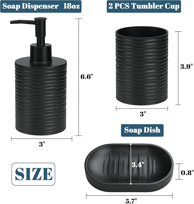 Plastic Bathroom Accessories Set 4Pcs, Black Bathroom Accessory Set Includes Liquid Soap Dispenser with Rust-Proof Plastic Pump, 2Pcs Bathroom Cup, Soap Dish for Modern Home Apartment