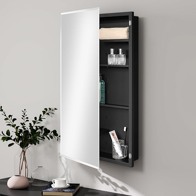 Fundin Black Medicine Cabinet Recessed or Surface Mount, Bathroom Medicine Cabinet with 20 x 36 Mirror Size and Adjustable Staggered Shelves