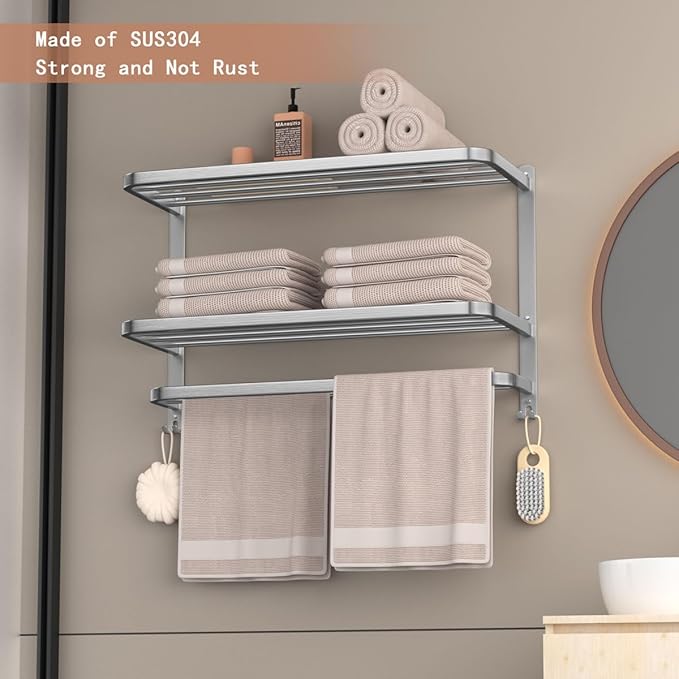 DDS-DUDES 23" Towel Racks for Bathroom with Towel Bars, 3 Tier Hotel Towel Shelf Stainless Steel Wall-Mounted Holder with Towel Shelves Brushed Nickel