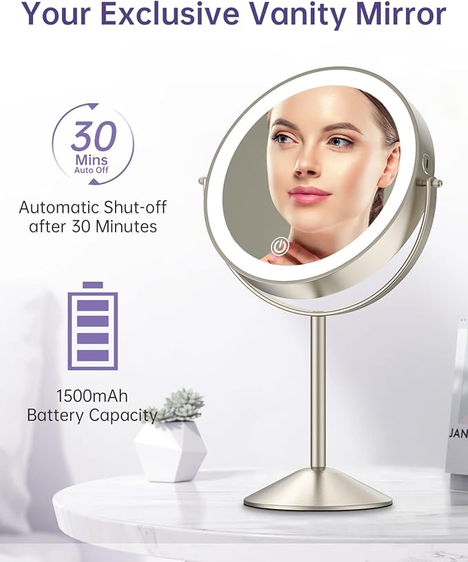 Gospire 8" Lighted Makeup Mirror with Magnification 10X/1X, 3 Color Lights & Dimmable Lighting, 360° Rotation Double Sided Rechargeable Cordless Vanity Cosmetic Standing LED Mirror for Makeup