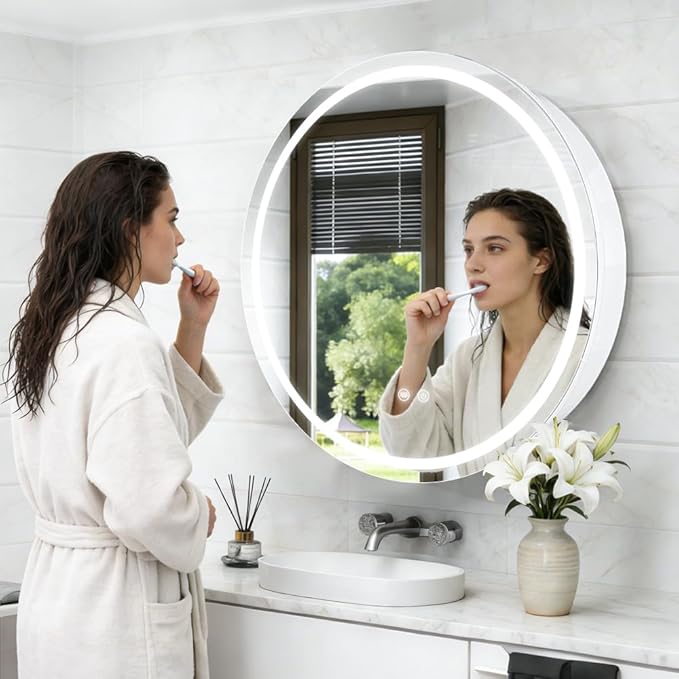 Round Medicine Cabinet with Light,3 Color Temperature,Dimmer,Defogger,32inch,White