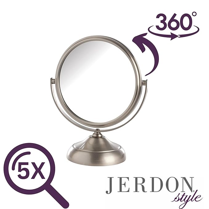 Small Tabletop Magnifying Mirror - 5.5” Diameter Mirror with 5X-1X Magnification - Nickel Finish - Model MC247N
