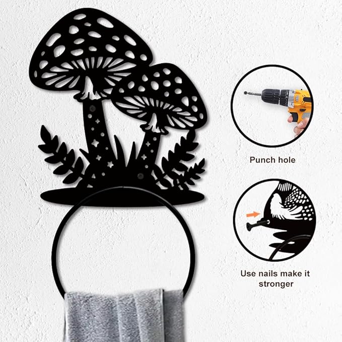 MAYJOYDIY Mushroom Metal Towel Ring Mushroom Leaf Towel Holder Star Dots Pattern Towel Ring Black Art Towel Rack Wall Mounted for Bathroom Kitchen Towel Hanger Home Decors Gift