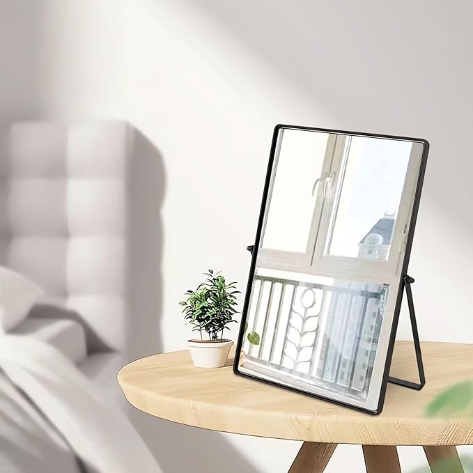 Desktop Makeup Mirror with Black Metal Standing 90° Rotation Vanity Table Mirror Portable Cosmetic Mirror for Dressing Room Bedroom Bathroom Rectangle
