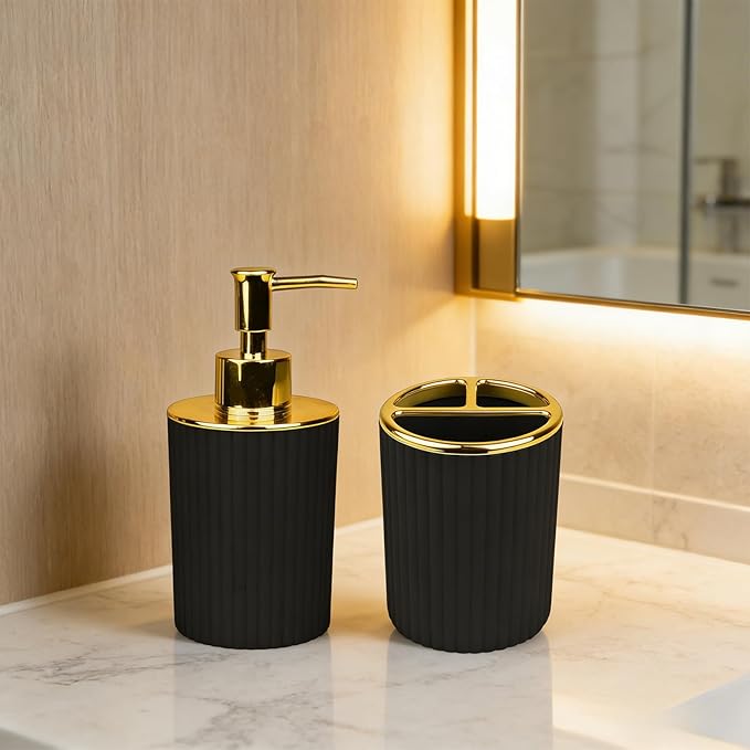Bathroom Accessories Set, 2-Piece Black & Gold Soap Dispenser & Toothbrush Holder, Modern ABS Vanity Organizer for Countertop, Minimalist Bathroom Decor