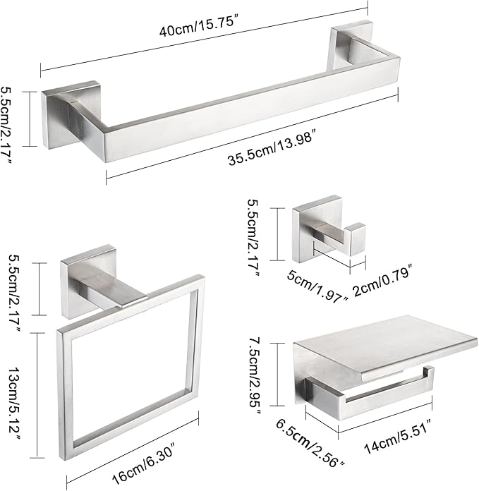 4-Pieces Bathroom Accessories Set, Towel Bar Towel Racks Towel Holder Toilet Paper Holder Stainless Steel Bathroom Hardware Set Wall Mounted Towel Racks for Bathroom, Brushed Nickel, 16 Inch