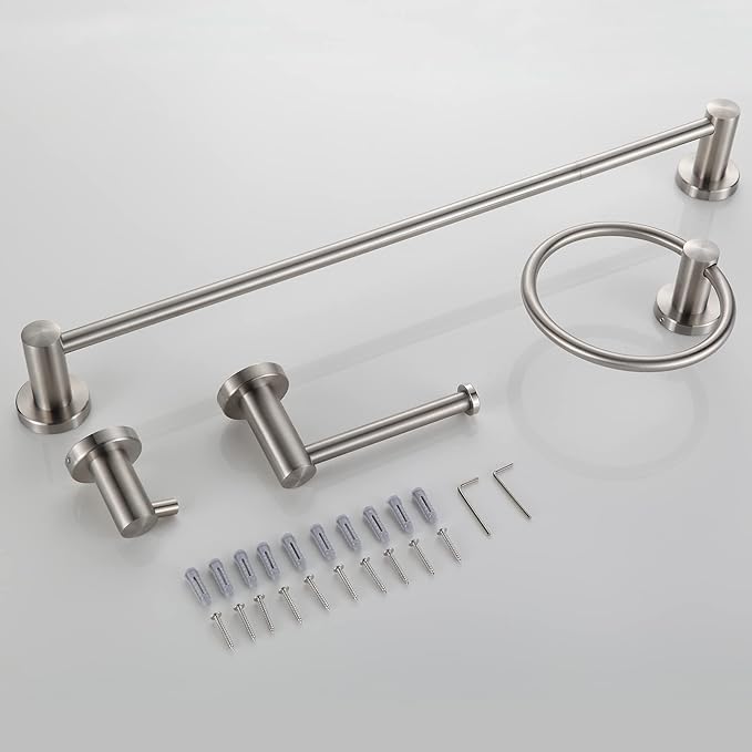 4-Piece Bathroom Hardware Set,Brushed Nickel SUS304 Stainless Steel Wall Mounted Bathroom Accessories Kit Include Adjustable Expandable Towel Bar,Hand Towel Ring, Toilet Paper Holder, Robe Hook