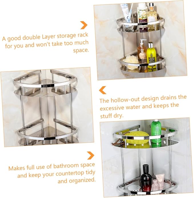 PRETYZOOM Stainless Steel Double Layer Corner Storage Rack Thickened Triangle Bathroom Shelf Organizer with Hollow Out Design for Efficient Space Utilization