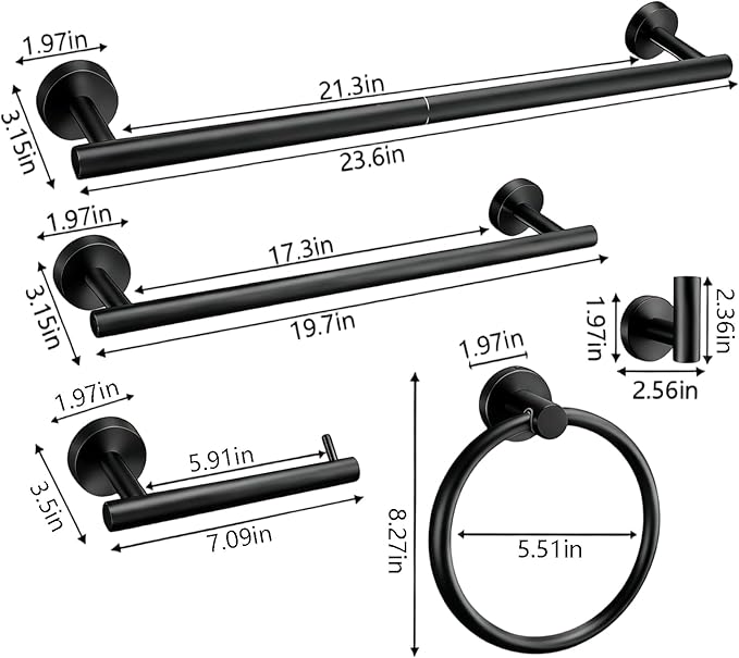 Upgraded Thickened 5-Piece Matte Black Bathroom Hardware Set, 23.6 Inch SUS304 Stainless Steel Towel Bar, Toilet Paper Holder, Modern Black Bathroom Accessories Kit (5 Pack, Black)