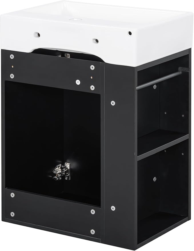 Virubi 20" Floating Bathroom Vanity with Sink, Soft Closing Door,and Storage Shelves, Solid Wood Frame & MDF Modern Single Small Bathroom Vanity Cabinet with Open Shelf,Wall Mounted Black