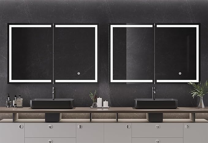DICTAC Medicine Cabinet with Mirror and LED Light, Wall Mounted Bathroom Mirror with Storage, 3 Doors Bathroom Wall Cabinet, Memory Dimmable 3 Color Temp, Adjustable Shelves, 35.4''x23.6''