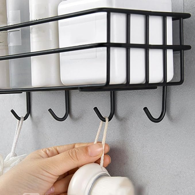 Nail-Free Iron Storage Rack Hooks 2pcs Black Wall-Mounted Bathroom and Kitchen Organizer Shelf for Hanging Sundries