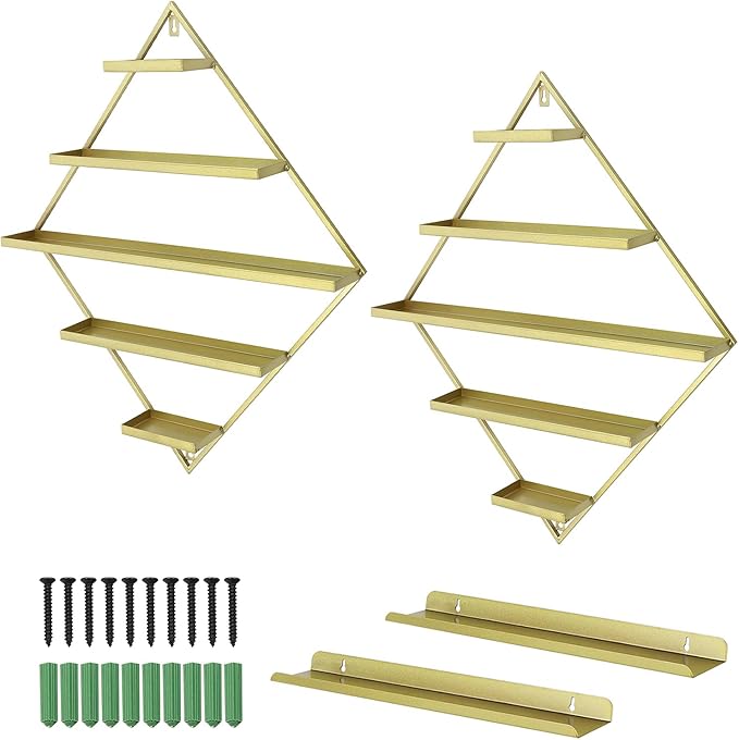 Wall-Mounted Nail Polish Rack, Set of 4 Rhombus Gold Nail Polish Shelf Lipstick Perfume Cosmetic Display Shelf for Home Spa Nail Salon Shop