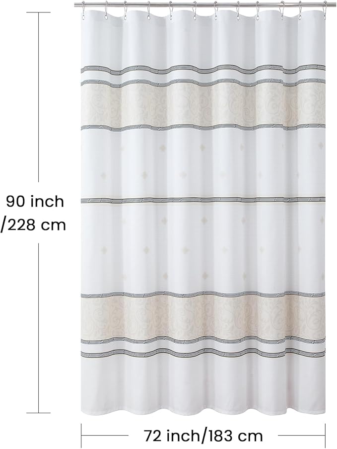 90 Inch Fabric Shower Curtain, Extra Long White Cream Black Print Waterproof Shower Curtains for Bathroom, 72" W x 90" H