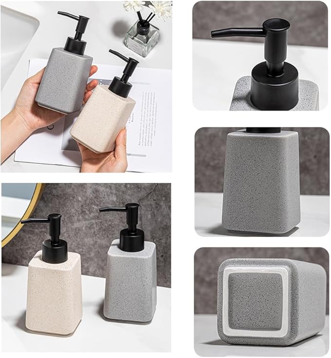 Grey Ceramic Bathroom Accessories Set,Soap Dispenser and Toothbrush Holder with Wooden Tray,Countertop Organizer for Stylish Bathroom