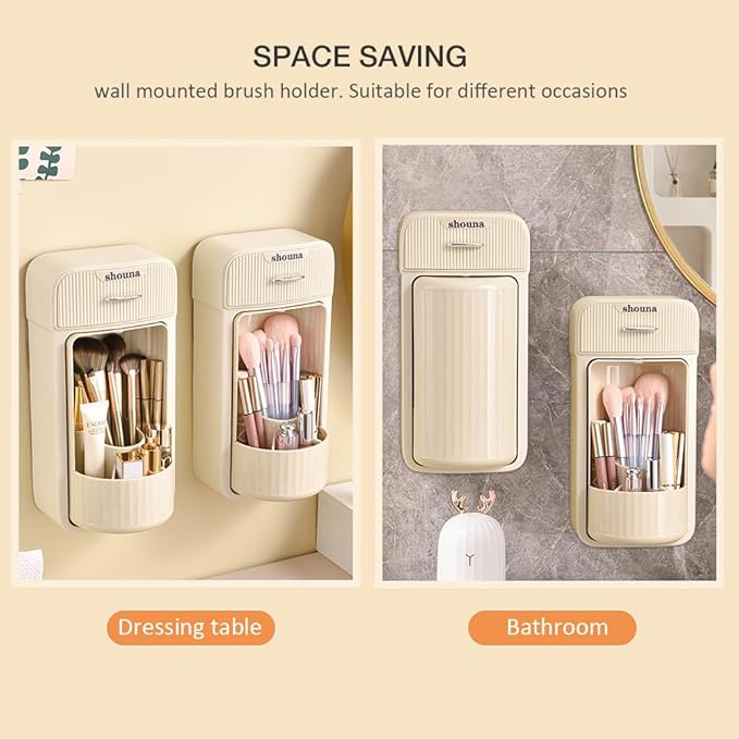 Motomatic Makeup Brush Organizer - Makeup Brush Holder Organizer with 360° Rotating Lid, Wall Mounted Brush Holder Space Saver, 4 Slot Large Storage Capacity Makeup Organizer Waterproof(Cream)