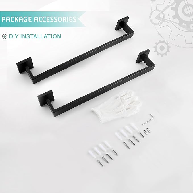 LANC 2 Pack 16-Inch Bathroom Towel Bars, Total-18 Bathroom Square Towel Racks, Kitchen Hand Towel Holders SUS304 Stainless Steel Wall Mount Towel Hanger Towel Rods, Matte Black A8804-4MB