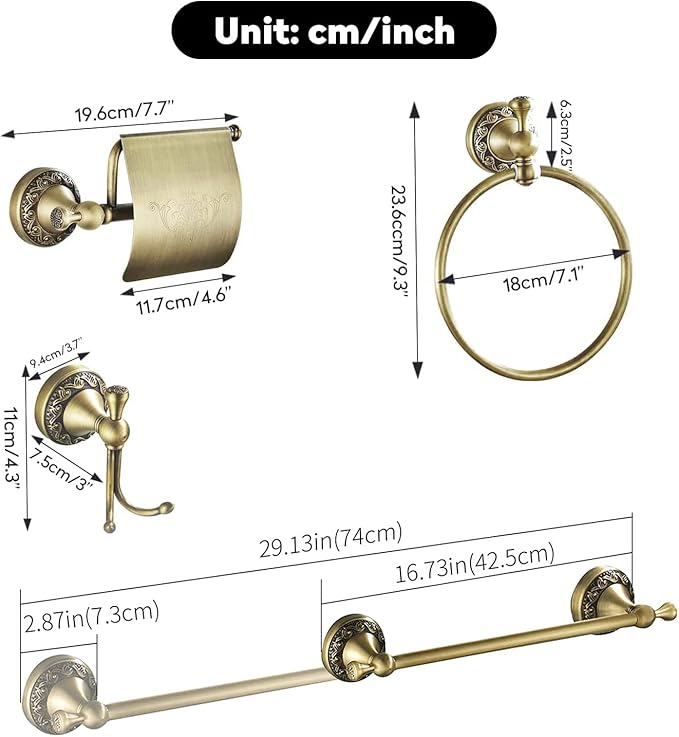 WINCASE Antique Brass Bathroom Accessories, Retro Adjustable Bathroom Hardware, Brass Bath Towel Bar Set 24 Inch 4 Piece Tolilet Paper Holder Towel Ring Robe Hook Wall Mounted Vintage