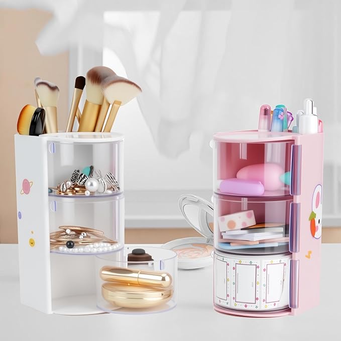 3-Tier Clear Hair Accessories Organizer with Makeup Brush Holder, Rotatable Jewelry Storage Box with Cute Stickers for Bows & Clips, Desktop Organizer Case for Bathroom Vanity Countertop (White)