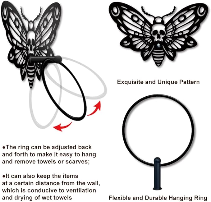 MAYJOYDIY Death Head Moth Metal Towel Ring Halloween Skeleton Insects Towel Holder Bath Towel Ring Black Art Towel Rack for Bathroom Kitchen Towel Hanger Home Decors Gift