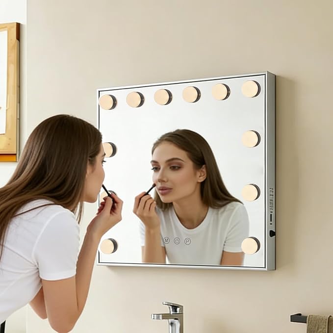 Vanity Mirror with Lights, 19.7"x16.5" Hollywood Mirror with 12 Dimmable LED Bulbs, 3 Color Lighting Modes & 10X Magnification Makeup Vanity Mirror for Desk Wall-Mounted