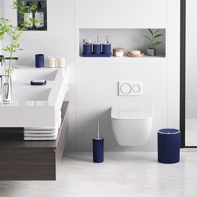 Navy Blue Bathroom Accessories Set, 10PC Bathroom Set, Bath Accessory with Pop Up Trash Can, Soap Dispenser, Toilet Brush, Toothbrush Set Qtip Holders & Tray