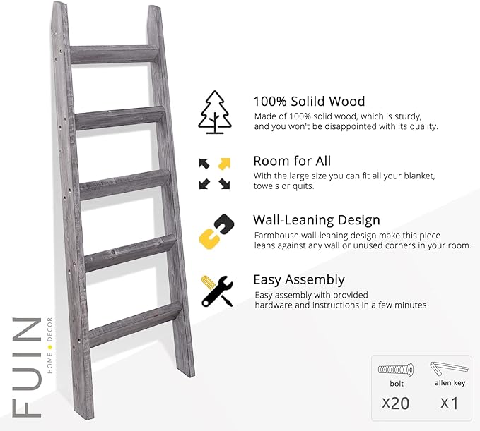 FUIN 5ft (58") Wood Blanket Ladder Living Room Decorative Wall Leaning Farmhouse Quilt Display Holder Rustic Wooden Towel Rack for Bathroom, Gray