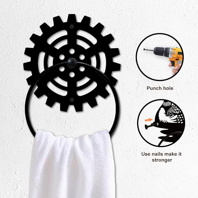 MAYJOYDIY Mechanical Gear Metal Towel Ring Gear Industrial Style Towel Holder Wall Decor Towel Hanger Black Art Towel Rack Wall Mounted for Bathroom Kitchen Home Decors Gift