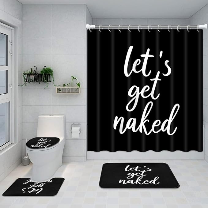 ArtSocket 4PC Shower Curtain Set with Rugs, Let's Get Naked Bathroom Set with Non-Slip Rug, Toilet Lid Cover, Bath Mat and 12 Hooks 72x72 inches