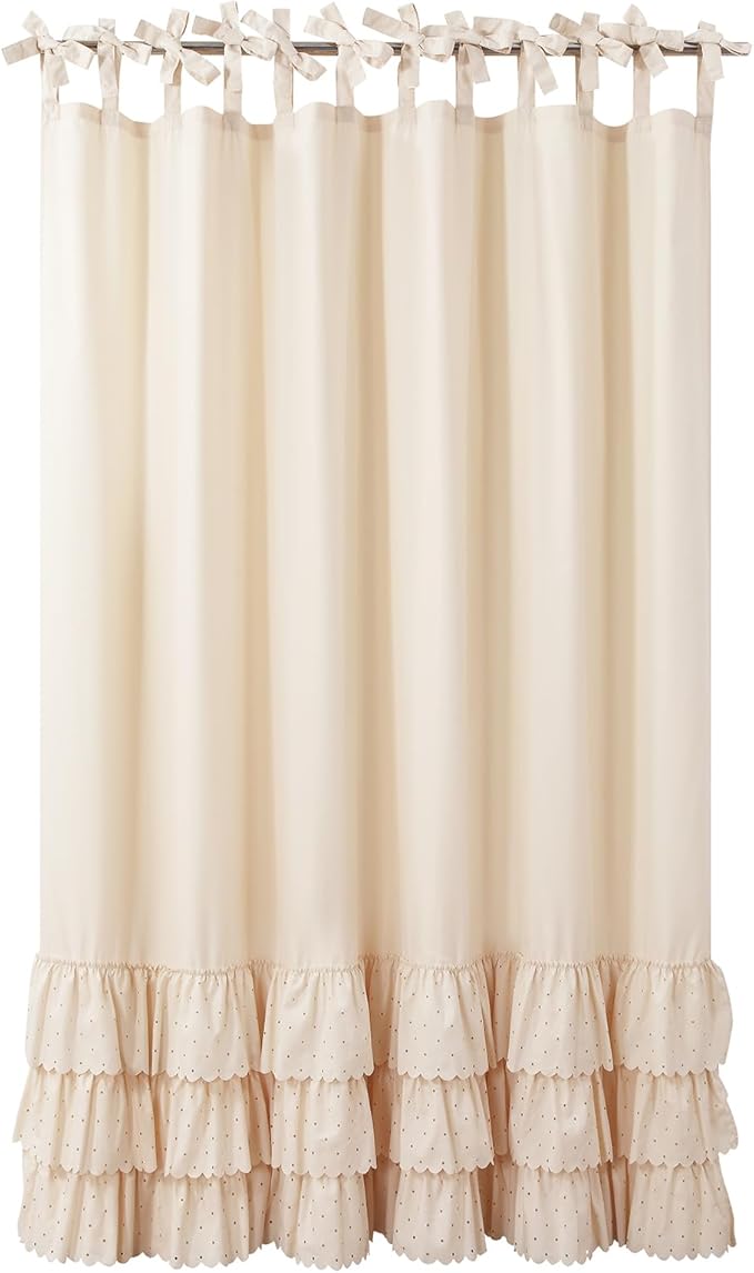 Adjustable Bow-Tie Top Beige Ruffle Shower Curtain for Girls Women, Delicate Fabric Shower Curtain with Handcrafted Ruffles and Small Holes, Waterproof Ruched Farmhouse Bathroom Curtain, 72"W x 72"H