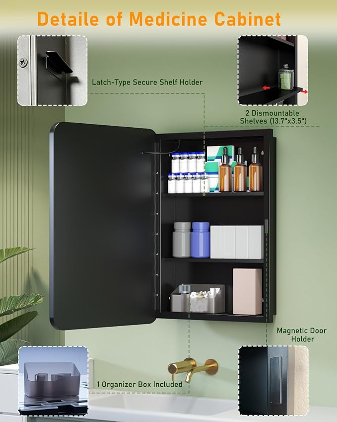 16x24 Inch LED Medicine Cabinet Mirror, Bathroom Mirror with Lights and Storage Wall Mounted & Recessed with Anti-Fog, Dimmable 3 Color Light with Memory, 2 Shelves & 1 Organizer Box, Left Hinge