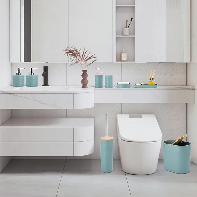 XLHOMO Blue Bathroom Set, Light Blue Bathroom Accessories Set with Trash Can, 2PCS Soap Dispensers, Soap Dish, Toothbrush Holder, Toothbrush Cup,Toilet Brush, Tray and Qtip Holders for Bathroom Decor
