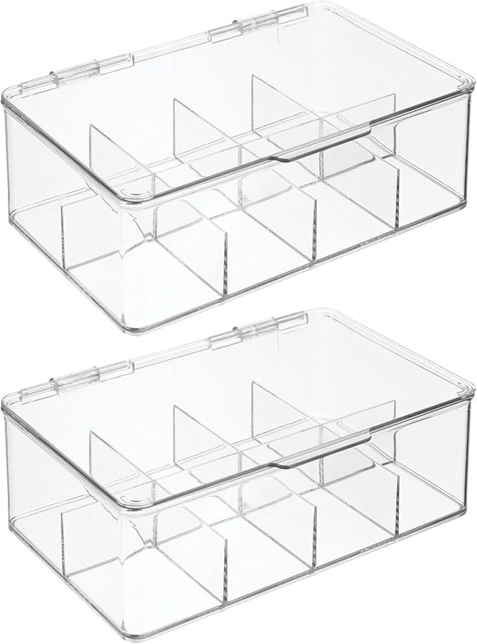 mDesign Plastic Divided First Aid Storage Box Kit with Hinge Lid for Bathroom, Kitchen, Cabinet, Closet - Organize Medicine, Ointments, Adhesive Bandages, Dental - 8 Sections, 2 Pack - Clear