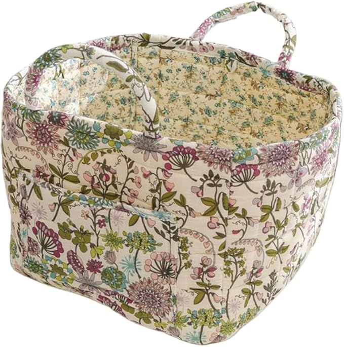 Quilted Fabric Storage Basket Boho Floral Laundry Hamper with Handle Foldable Floral Basket Organizer for Car Bedroom
