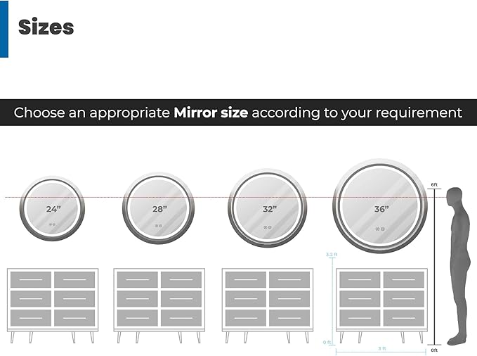 32 Inch Round LED Mirror for Bathroom, Black Metal Frame Lighted Vanity Mirror with 3 Color Modes, Touch Dimmer - Anti-Fog Wall Mounted Circle Mirror with Lights - Fab Glass and Mirror