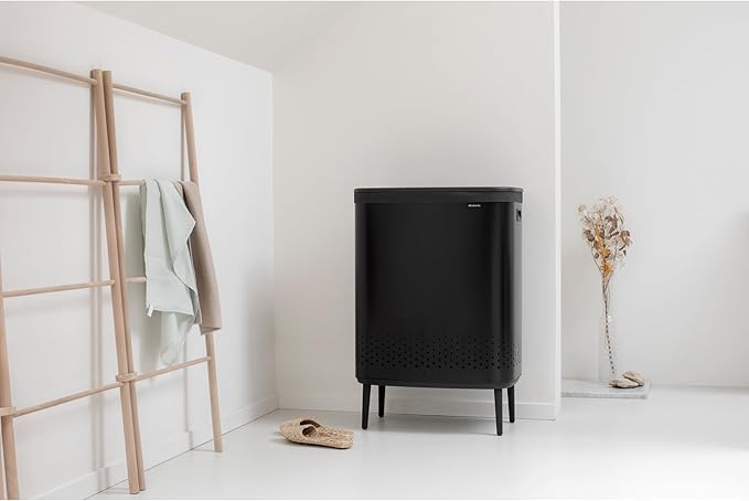 Brabantia Bo Laundry Hamper Hi (Matt Black) 2 Compartment Removable Laundry Bag 2 x 12 Gal, Ventilated Stylish Dirty Clothes Holder, Flat Back, Off-the Ground, Anti-Rust Materials for Bathroom Use