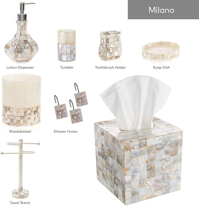 Milano Hand Soap Dispenser for Bathroom, Decorative Countertop Lotion Dispenser Finished in Beautiful Mother of Pearl, with Durable Pump for Elegant Bathroom Decor