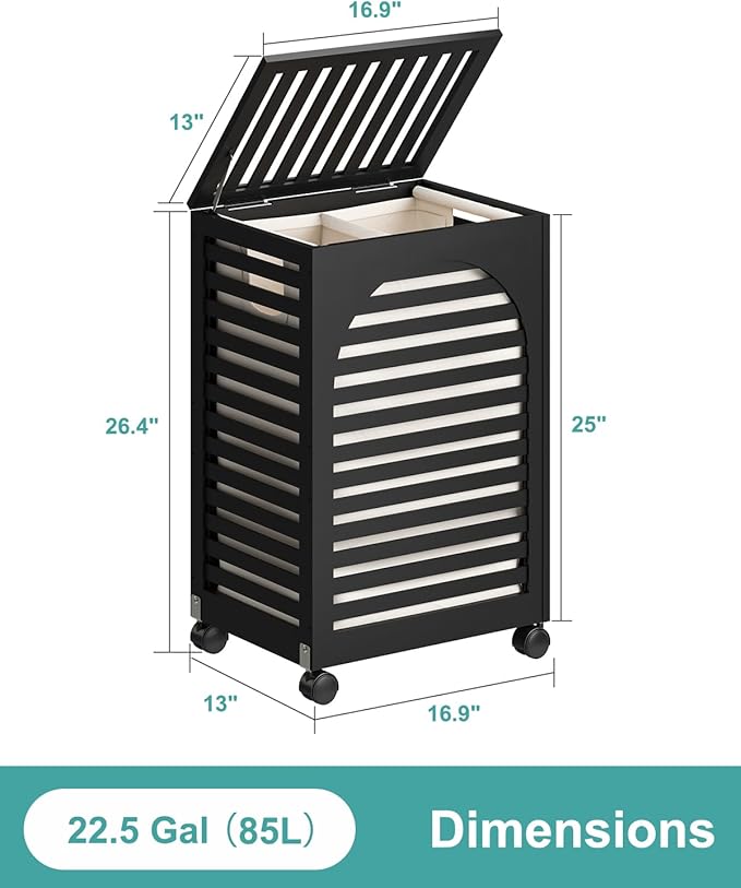 Black Laundry Hamper with Wheels, Laundry Basket with Lid, 22.5 Gallon (85L) Bamboo Wood Clothes Laundry Hamper 2 Section with Handles, Removable Liner