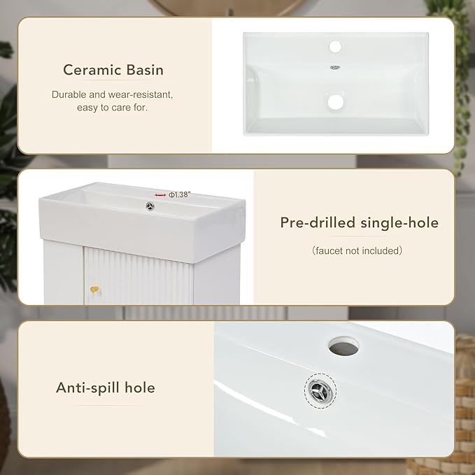 Virubi 21.6 in Floating Bathroom Vanity with Sink,Soft Closing Doors,Solid Wood Frame & MDF Modern Single Small White Bathroom Vanity Cabinet with Open Shelf,Wall Mounted