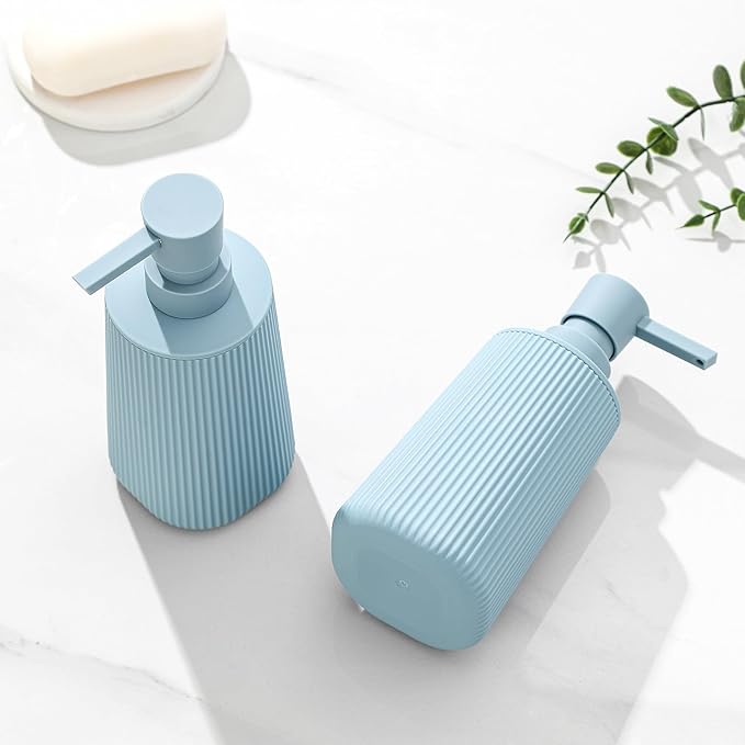 Small Soap Dispenser for Bathroom and Kitchen, Modern Farmhouse Striped Style Plastic Hand Soap Dish Soap Dispenser with Pump Light Blue