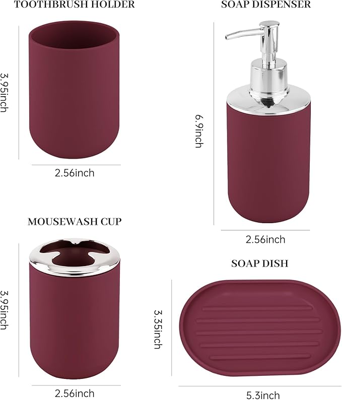 Bathroom Accessory Set, 4 Pcs Plastic Bathroom Set Include Soap Dispenser, Soap Dish, Toothbrush Holder, Mousewash Cup, Modern Bahtroom D??cor Set, Space Save for Bathroom(Burgundy)