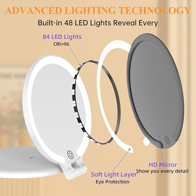 FUNTOUCH Rechargeable Travel Makeup Mirror 30X Magnification, 7" Lighted Portable Vanity Mirror with 3 Colors Lighting & Stepless Dimming, Double Sided LED Mirror, Gift for Women,White