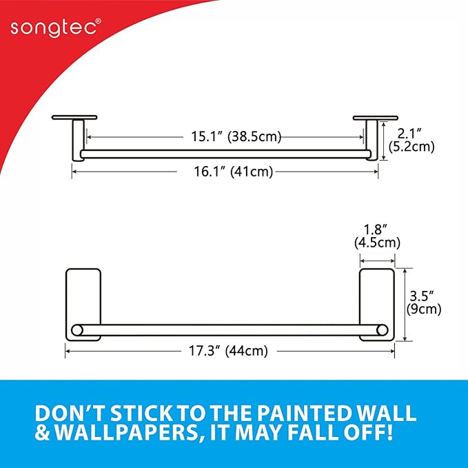 Songtec Gold Towel Bar 16-Inch, Adhesive Stick On Bath Towel Rack No Drill, Strong Adhesion Tape Mount Towel Holder, Stainless Steel - Brushed Gold