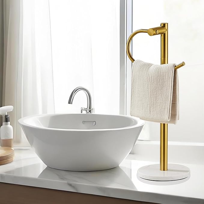 Standing Towel Bar Holder - Free Standing Bathroom Towel Rack Towel Holder with Engineered Stone Base - Countertop Vanity Towel Stand for Hand/Kitchen Towels (Brushed Gold)