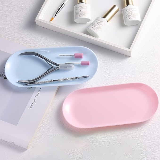 3Pcs Manicure Tools Storage Tray, Oval Plastic Storage Dish Nail Art Accessory Display Trays, Jewelry Rhinestone Organizer Plate, Makeup Cosmetic Nail Decorations Storages Plate(Pink)