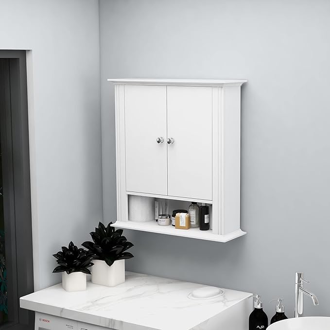 White Bathroom Wall Cabinet, Over the Toilet Storage Cabinet, Bathroom Cabinet Wall Mount, 2 Doors & Hooks, Medicine Cabinet Organizer, Hanging Wall Cabinet Cupboard for Kitchen Laundry Room White
